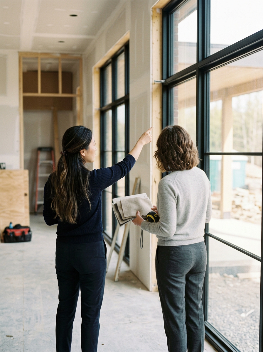 Two women in business attire discussing a construction project inside a building under construction, with large front windows and construction tools in the background.