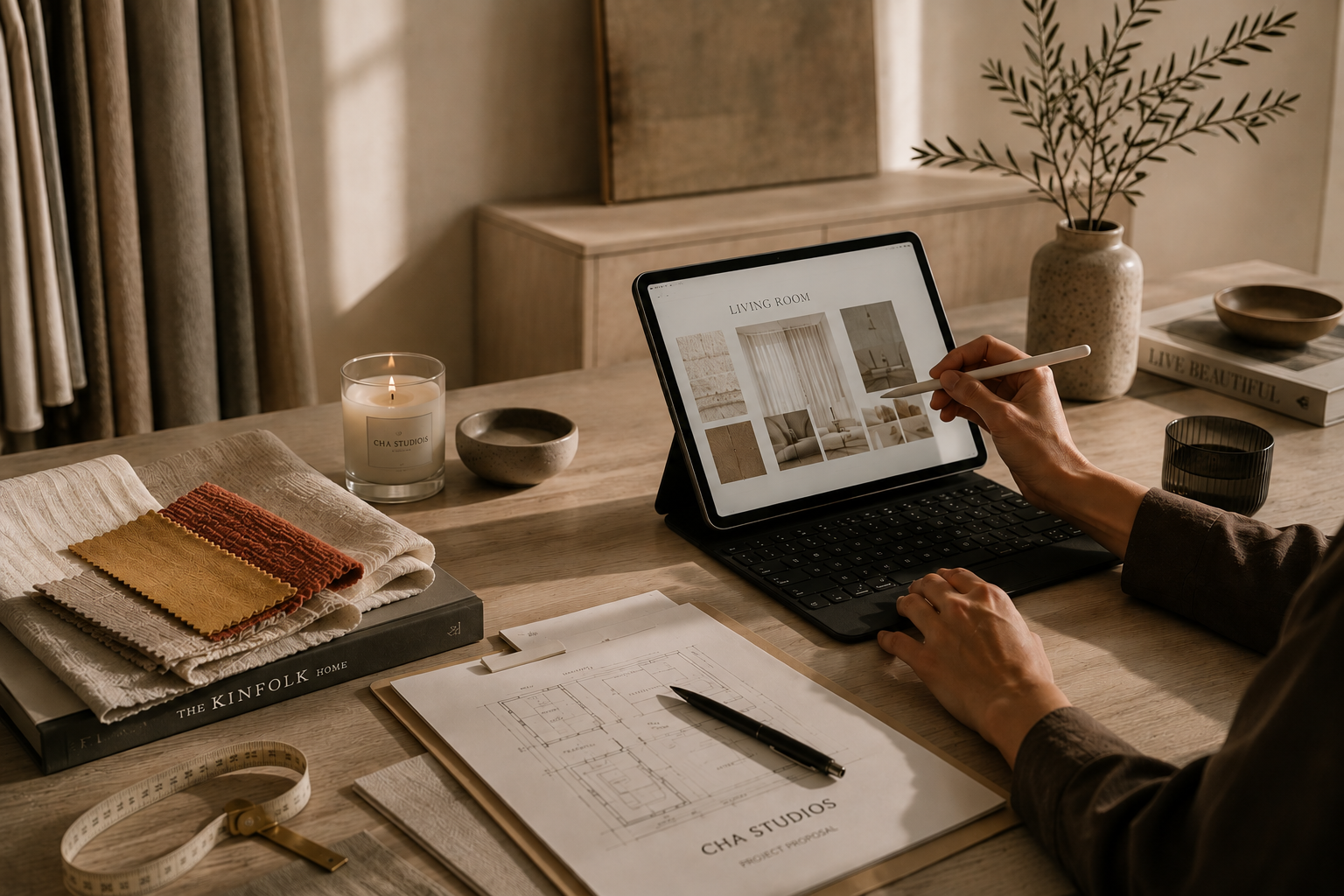 Person working on interior design project at a desk with a tablet, color swatches, blueprint, and designer books.