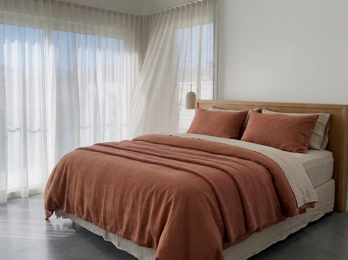 A neatly made bed with rust-colored bedspread and pillows in a bright bedroom with white sheer curtains and a wooden headboard.