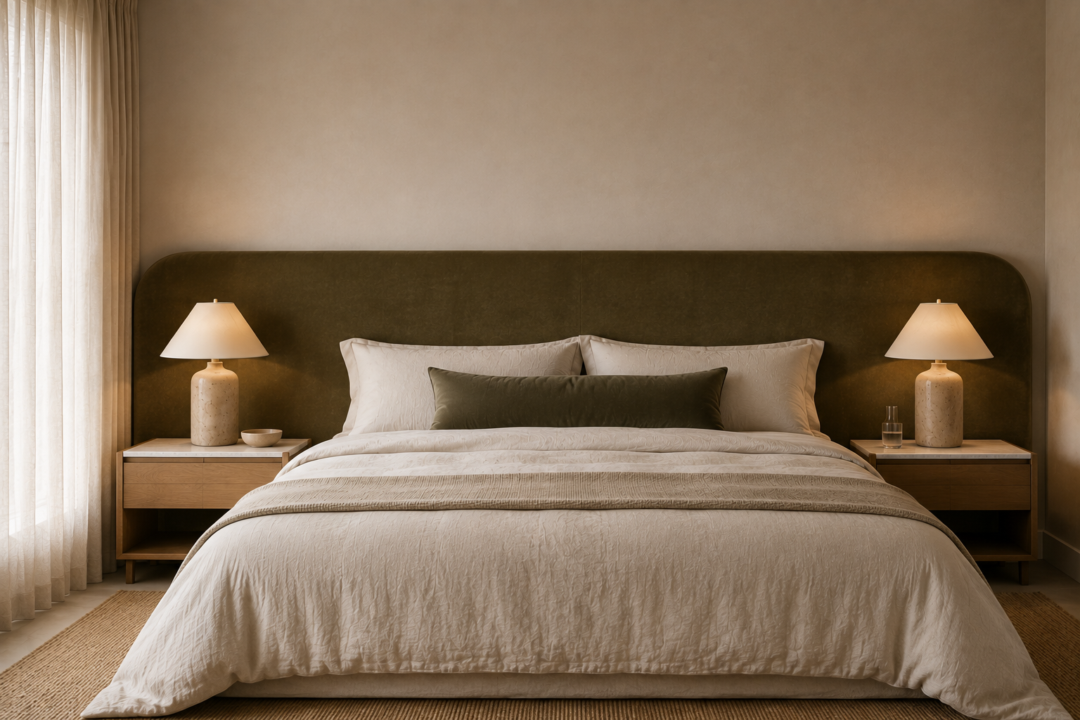 Luxurious bedroom with a large bed, beige bedding, and multiple pillows. Two matching nightstands with lamps and a small decorative bowl on the left, a glass of water on the right. Light-colored curtains along the left side.
