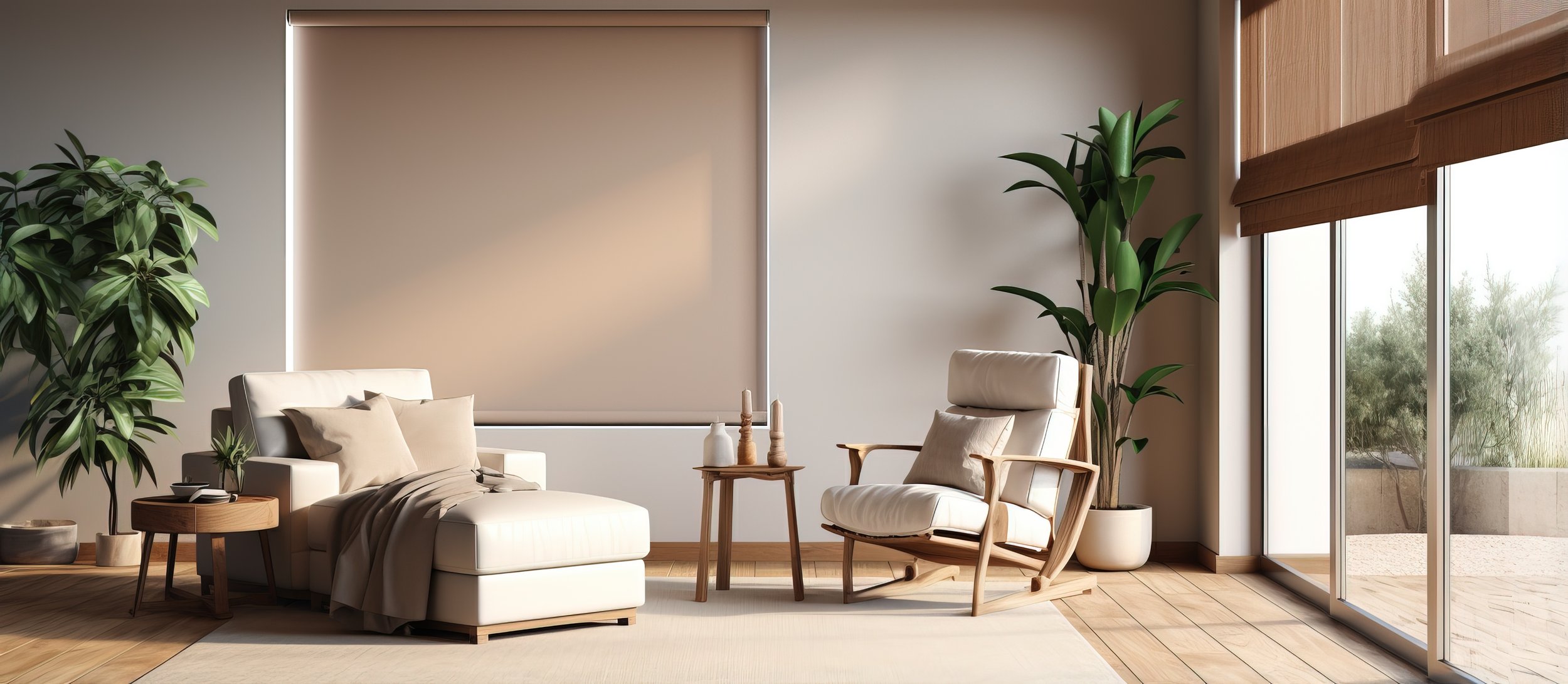 Living room with beige armchair, white loveseat, wooden side tables, potted plants near windows, and bamboo blinds.