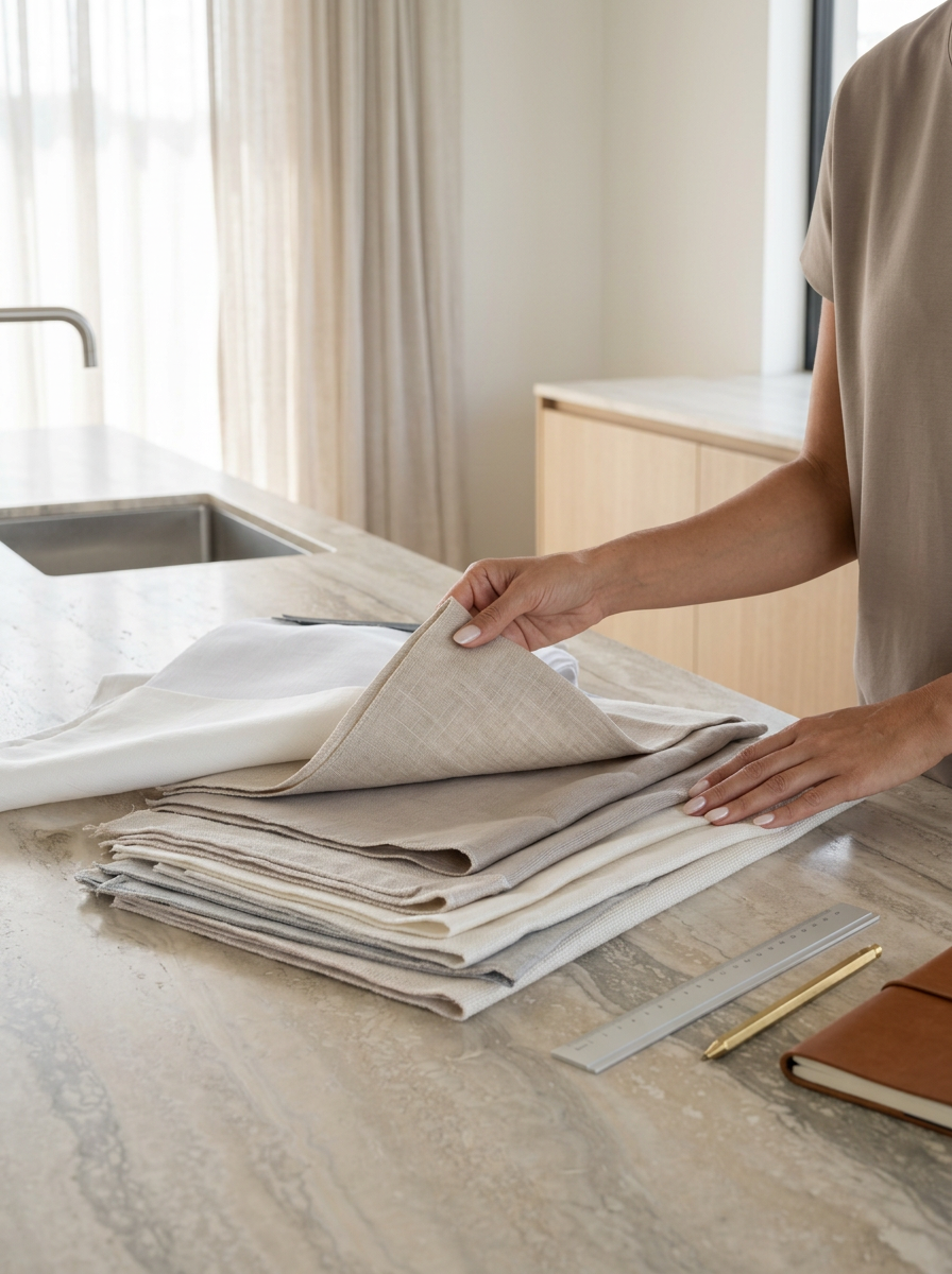 Person folding beige and white fabric swatches on a marble countertop in a bright kitchen.