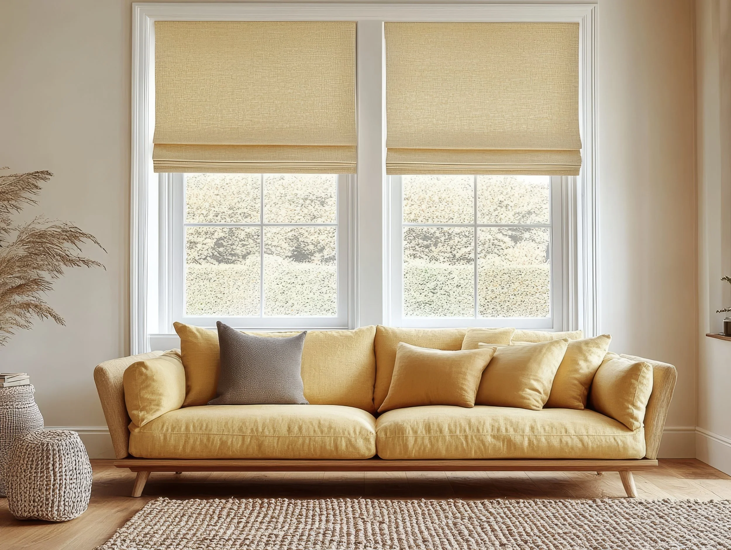 A yellow upholstered sofa decorated with gray and yellow pillows in front of large windows with beige Roman shades, in a well-lit living room with a textured woven rug and a round woven side table.