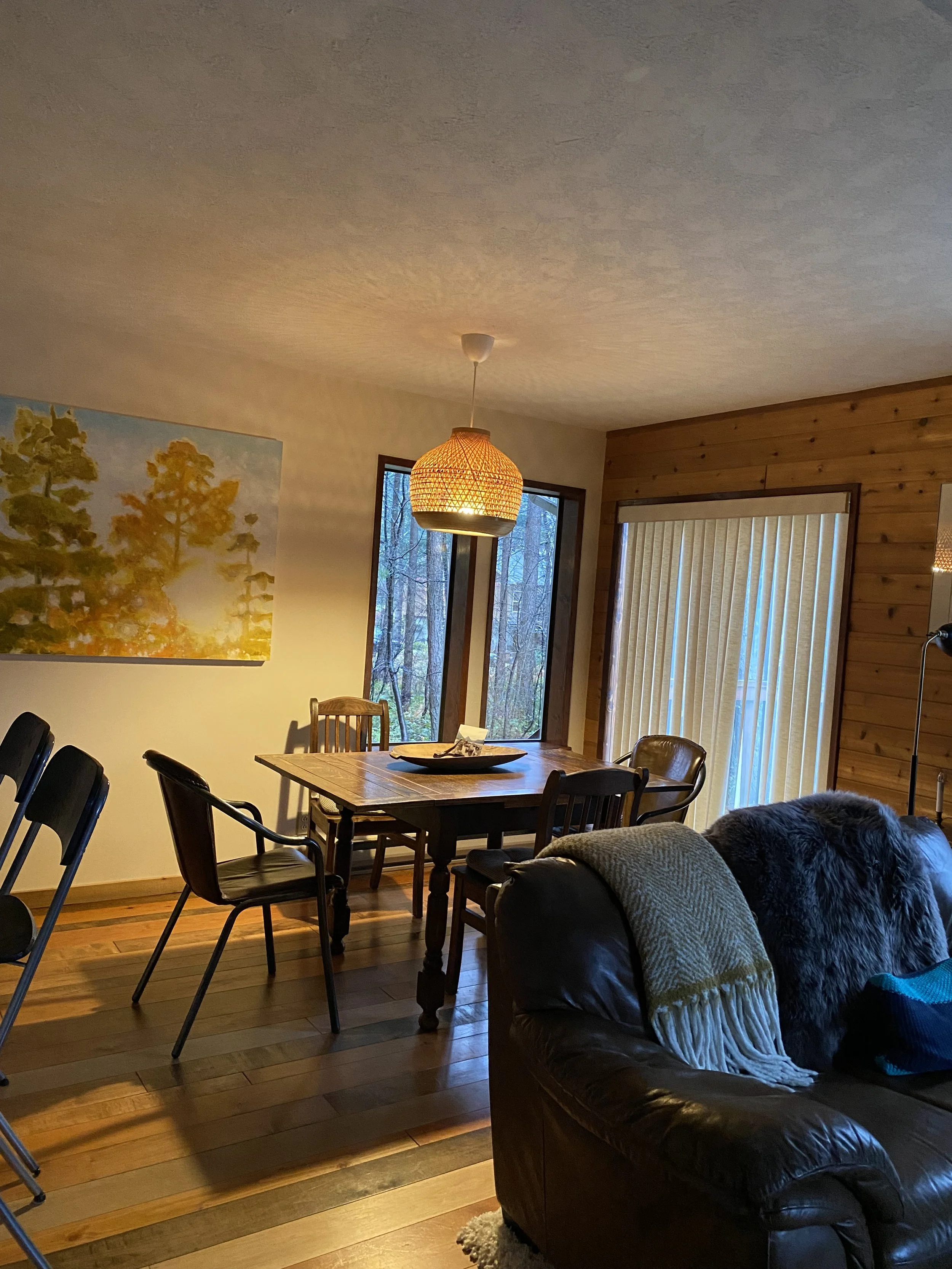 A cozy dining and living area with wooden flooring, a wooden dining table with chairs, a leather sofa with a blanket, and a tapestry on the wall. There is a window showing trees outside and vertical blinds covering another window, with warm lighting 