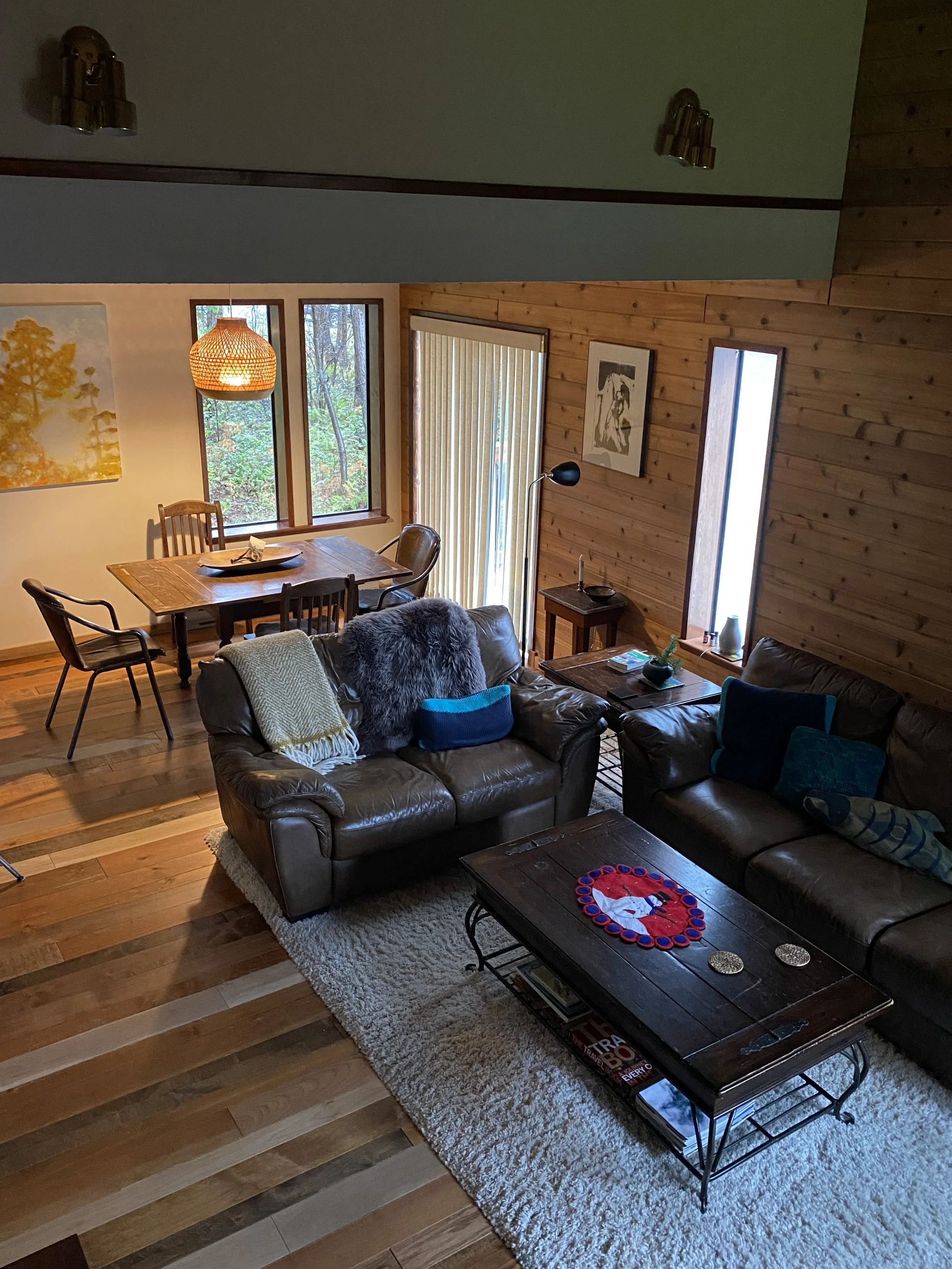 Living room with leather sofas, a wooden coffee table, a shag rug, and a dining area with a wooden table and four chairs. Large windows in a wood-paneled wall and a sliding glass door with vertical blinds. Decor includes a wall art piece, a floor lam