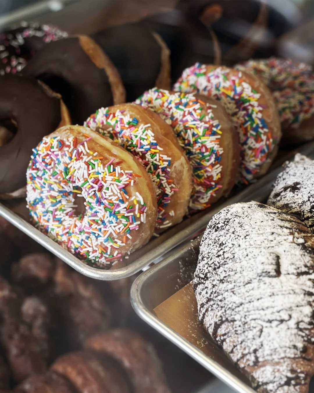 Assorted donuts with colorful sprinkles, chocolate glaze, and powdered sugar in display trays.