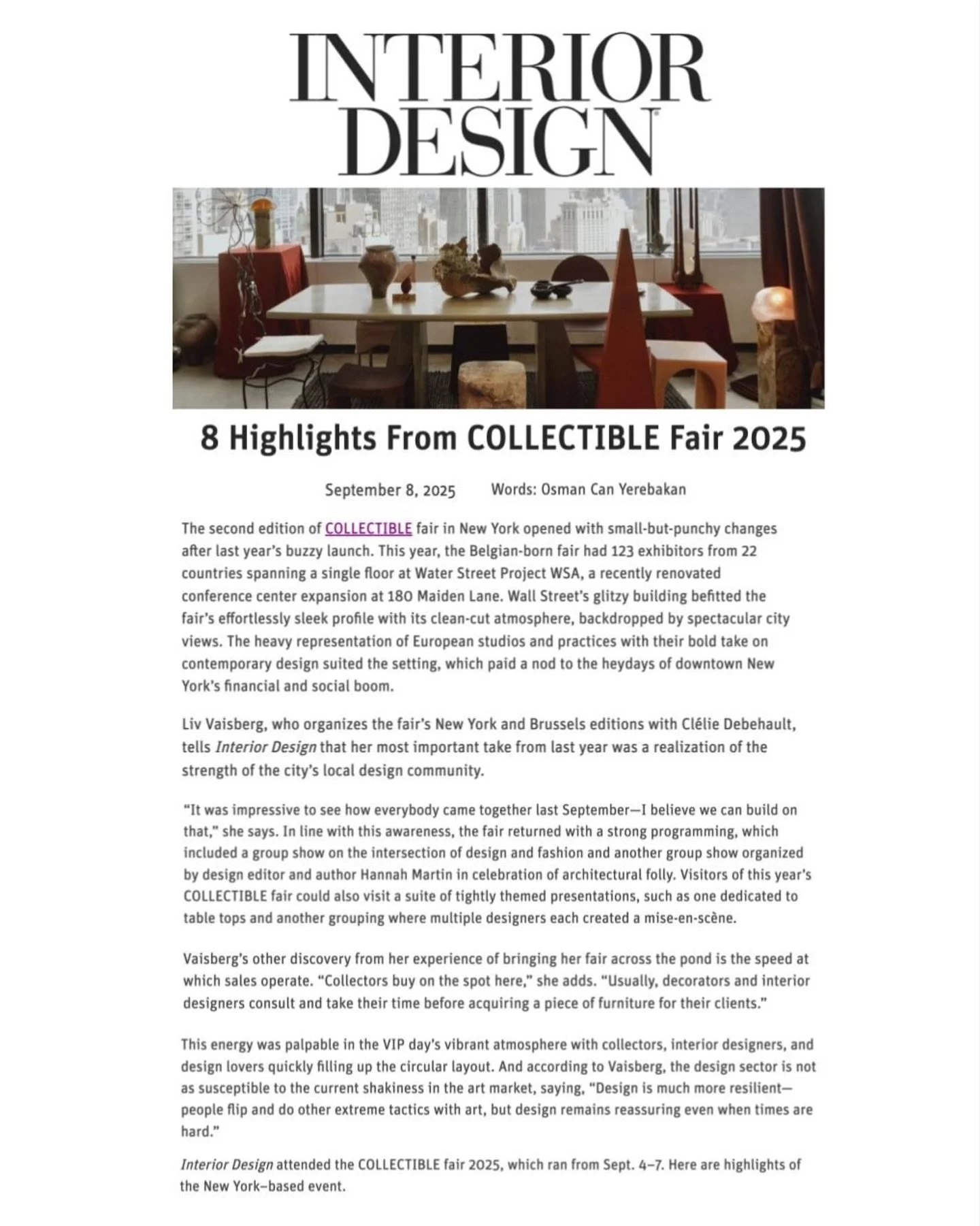 A big thank you to @interiordesignmag for featuring our exhibit with @room_file as a standout highlight at @collectiblefair 🖤 Article by @osmancanyerebakan, Photo by @marcus.xoxo