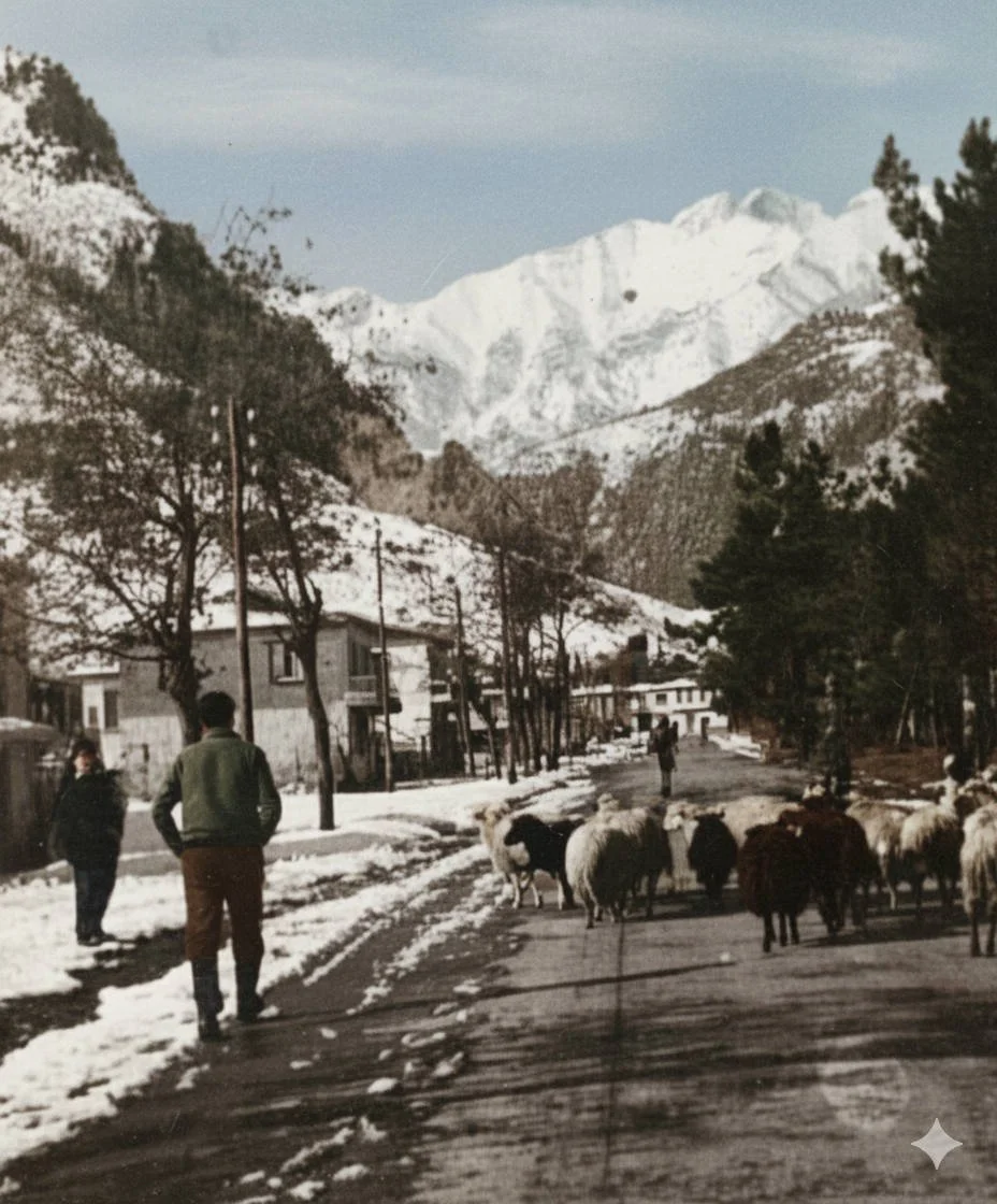 Ο κεντρικός δρόμος με χιόνια- Από το αρχείο της Ευανθίας Τζιούκα