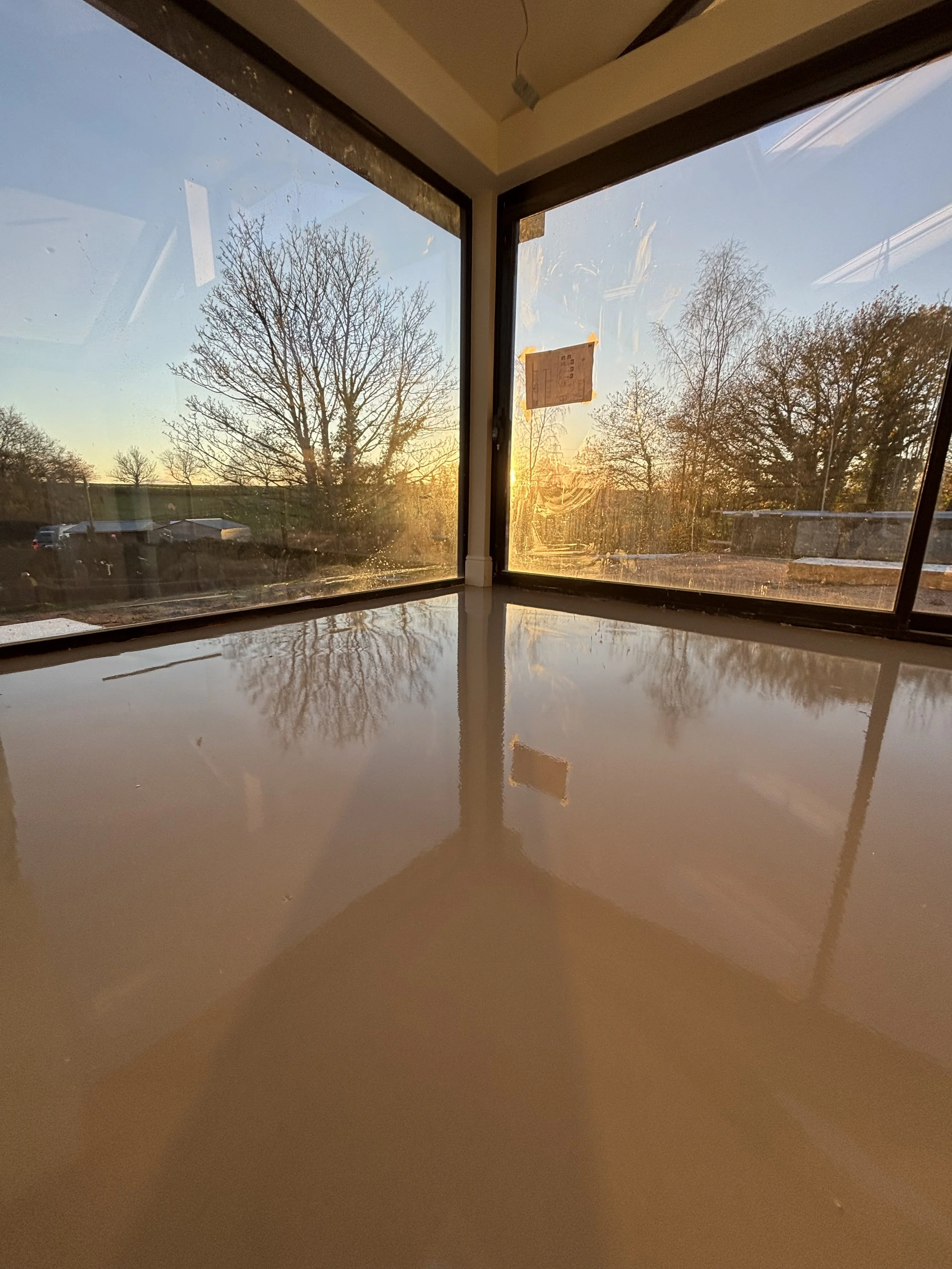 A view through a corner window showing leafless trees and buildings at sunset.