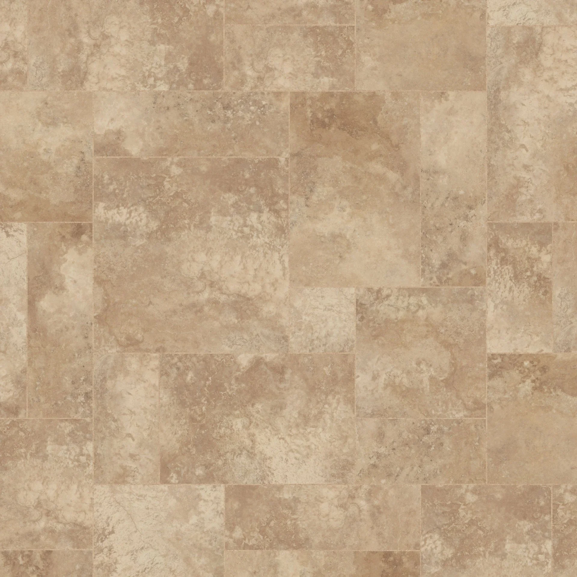 A close-up of beige ceramic tile flooring with a textured, mottled appearance.