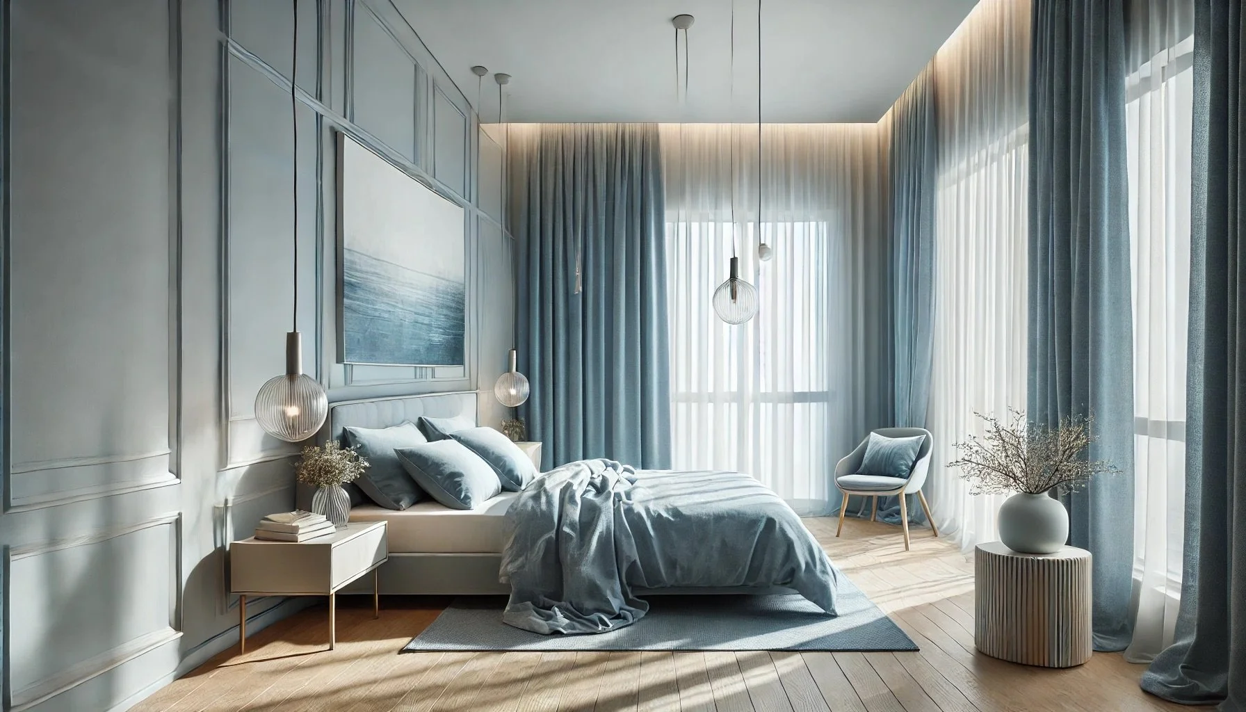 Chambre épurée avec teintes douces et lumière naturelle
