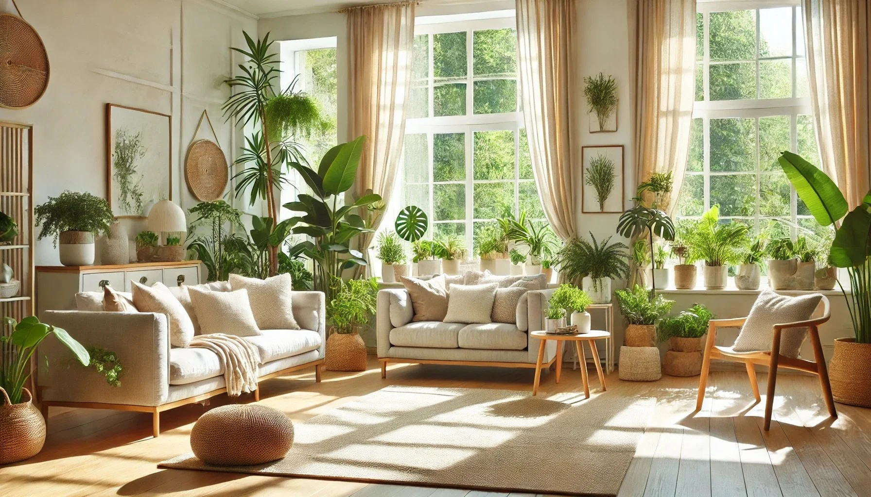 Salon lumineux avec touches végétales et déco chaleureuse