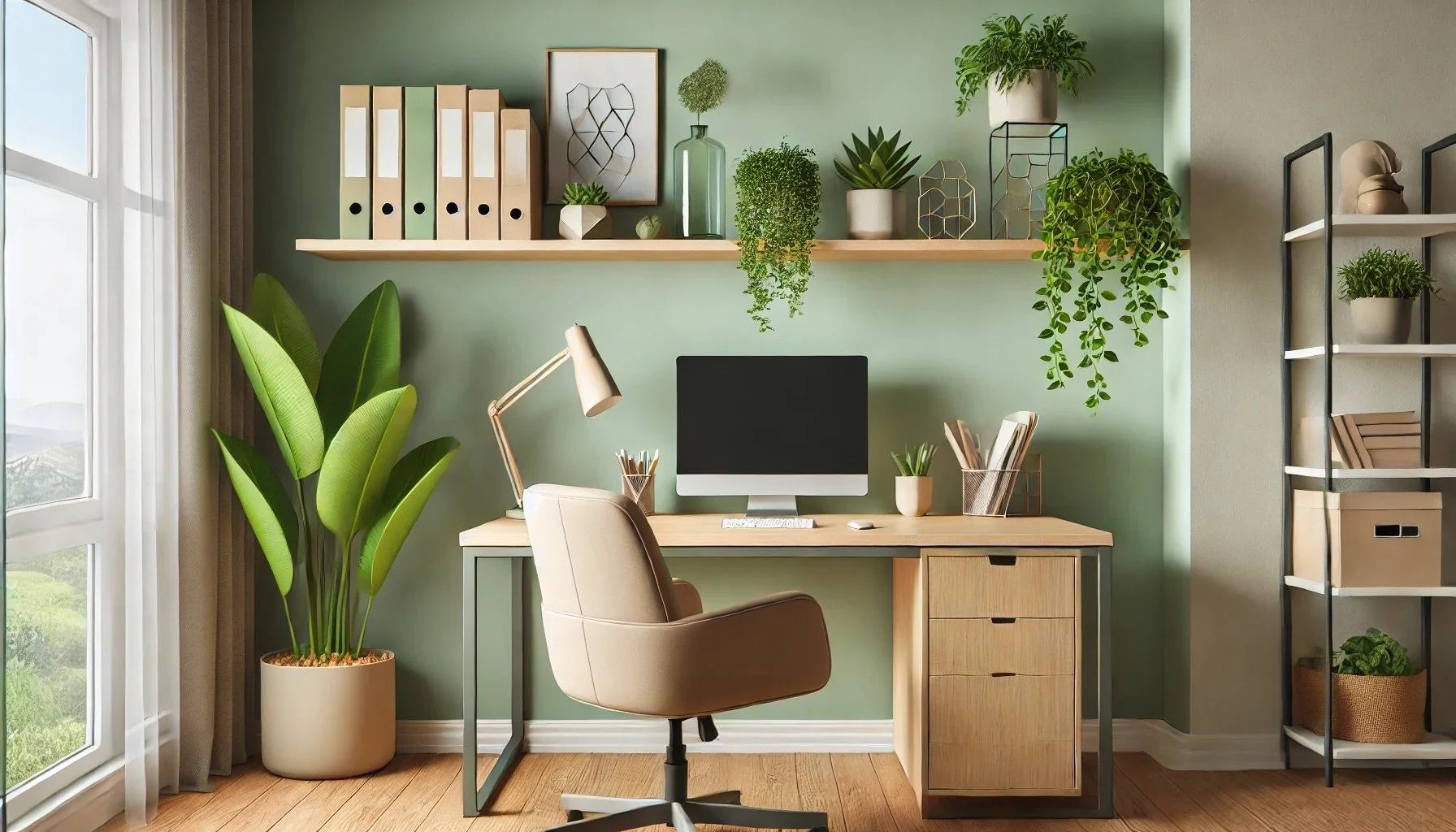Bureau moderne avec plantes d'intérieur et rangements pratiques