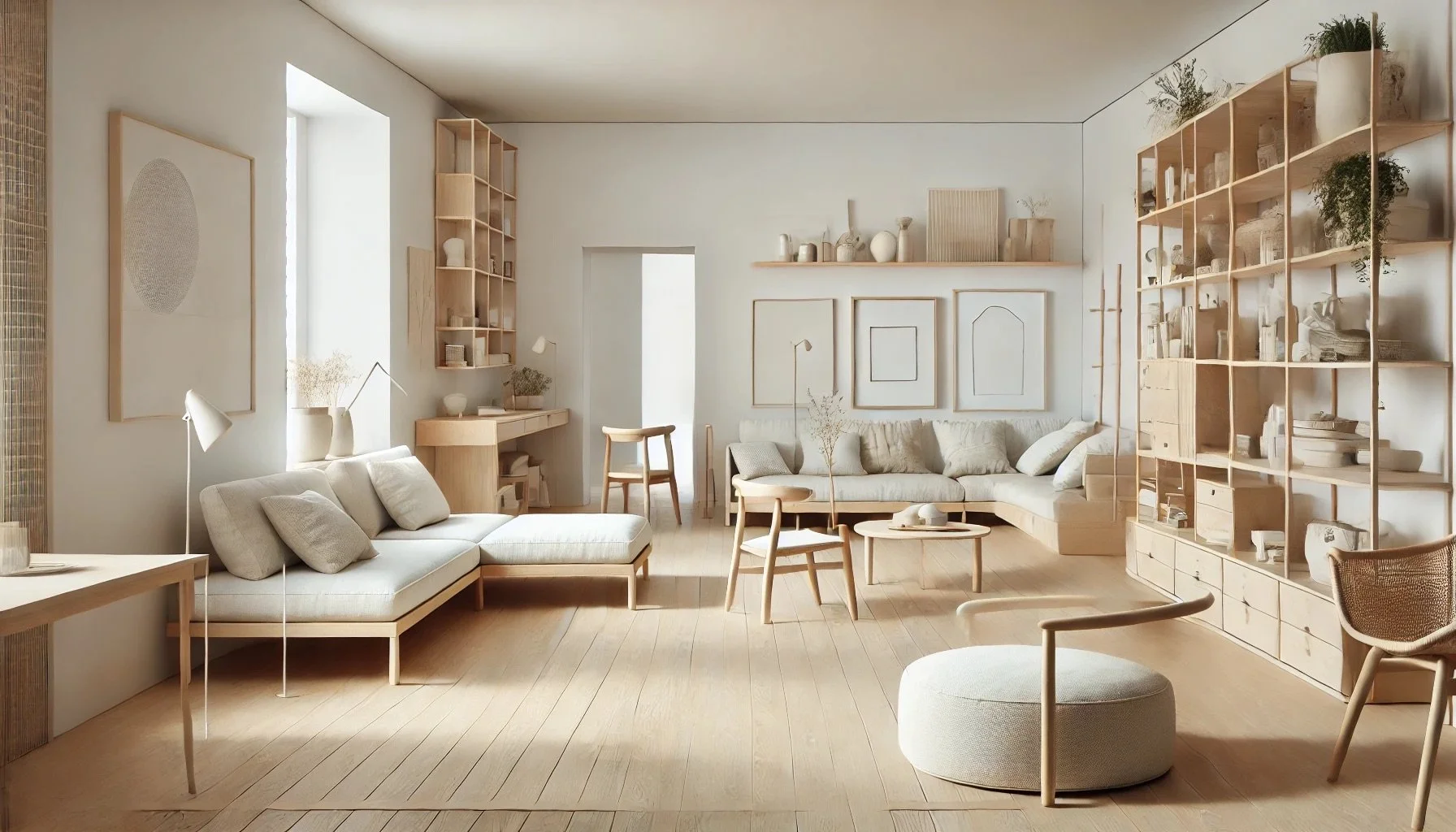 Salon épuré avec espaces modulables et décoration contemporaine