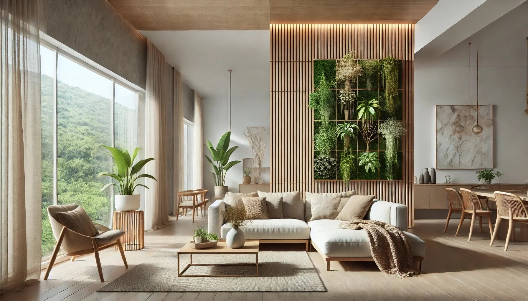 Séjour lumineux avec murs végétalisés et mobilier moderne