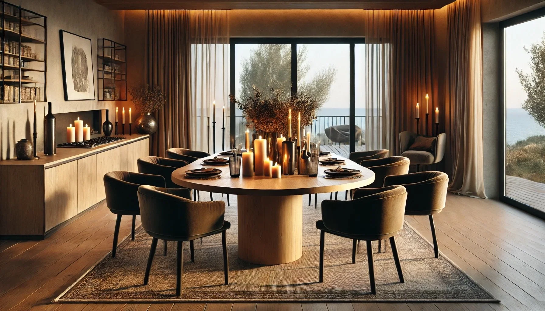 Salle à manger contemporaine avec éclairage chaleureux