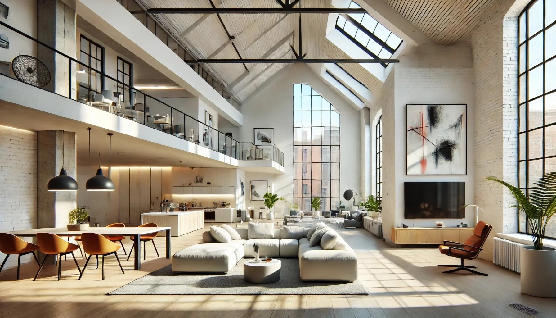 Loft contemporain avec grandes baies vitrées et éclairage naturel