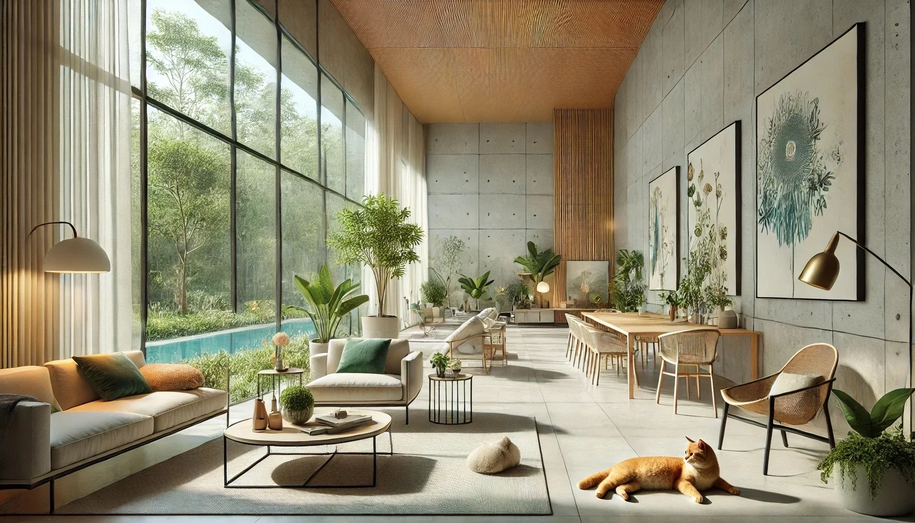 Salon lumineux avec vue sur l’extérieur et design épuré