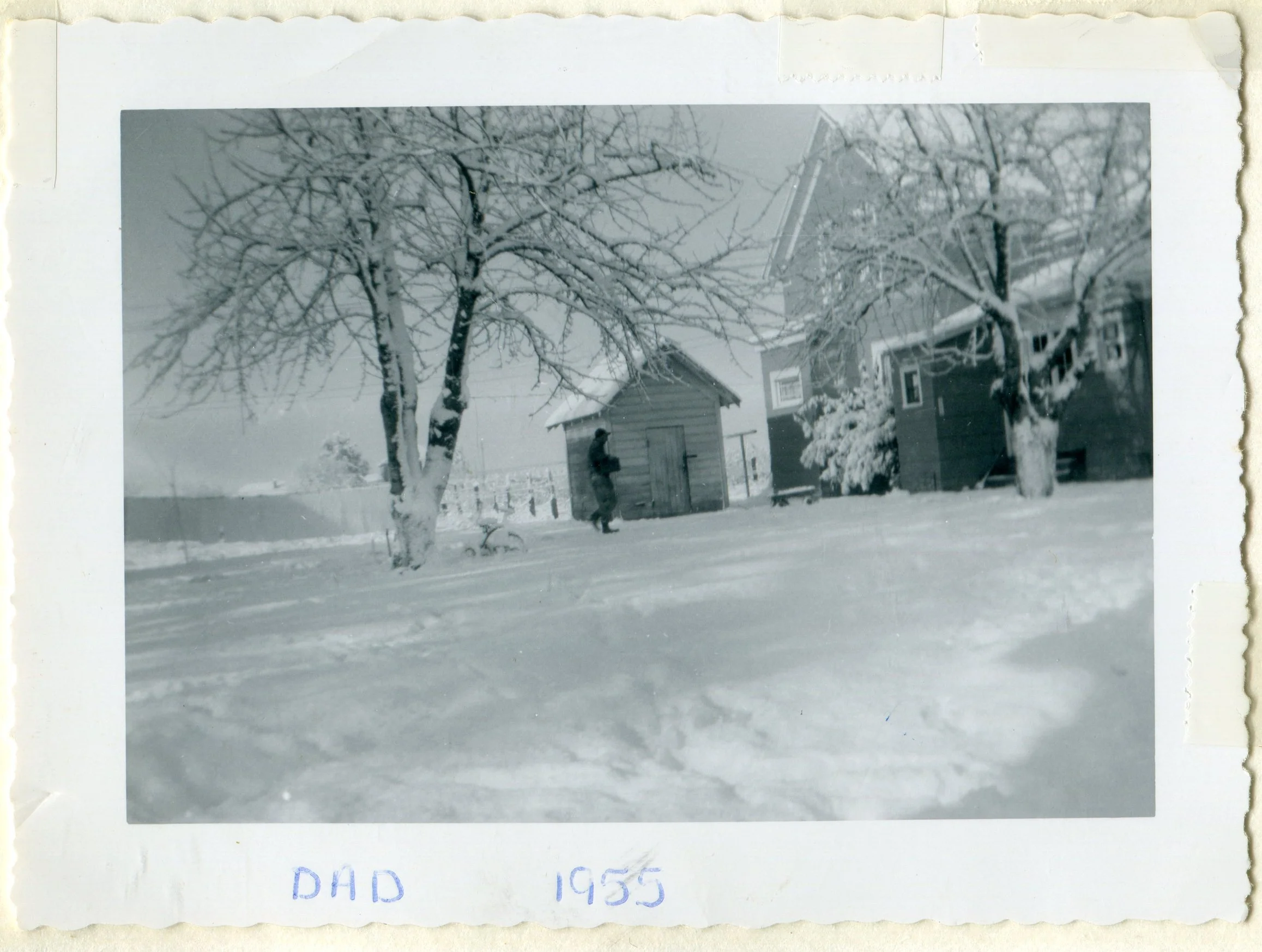Clyde Bauman and Farm House in Snow 1955