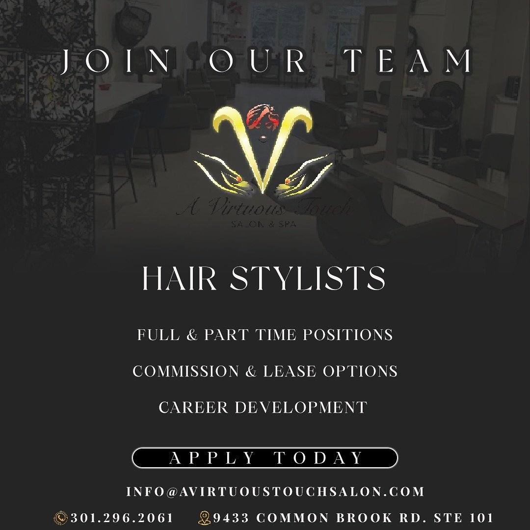 Career opportunities are limitless at A Virtuous Touch Salon and Spa, it ALL depends on YOU&hellip;&hellip;&hellip;

$ COMMISSION &amp; LEASE OPTIONS
$ COACHING
$ EXPOSURE
$ RESOURCES 
$ LEADERSHIP
$ MULTIPLE STREAMS

SEND US YOUR PORTFOLIO OR RESUME