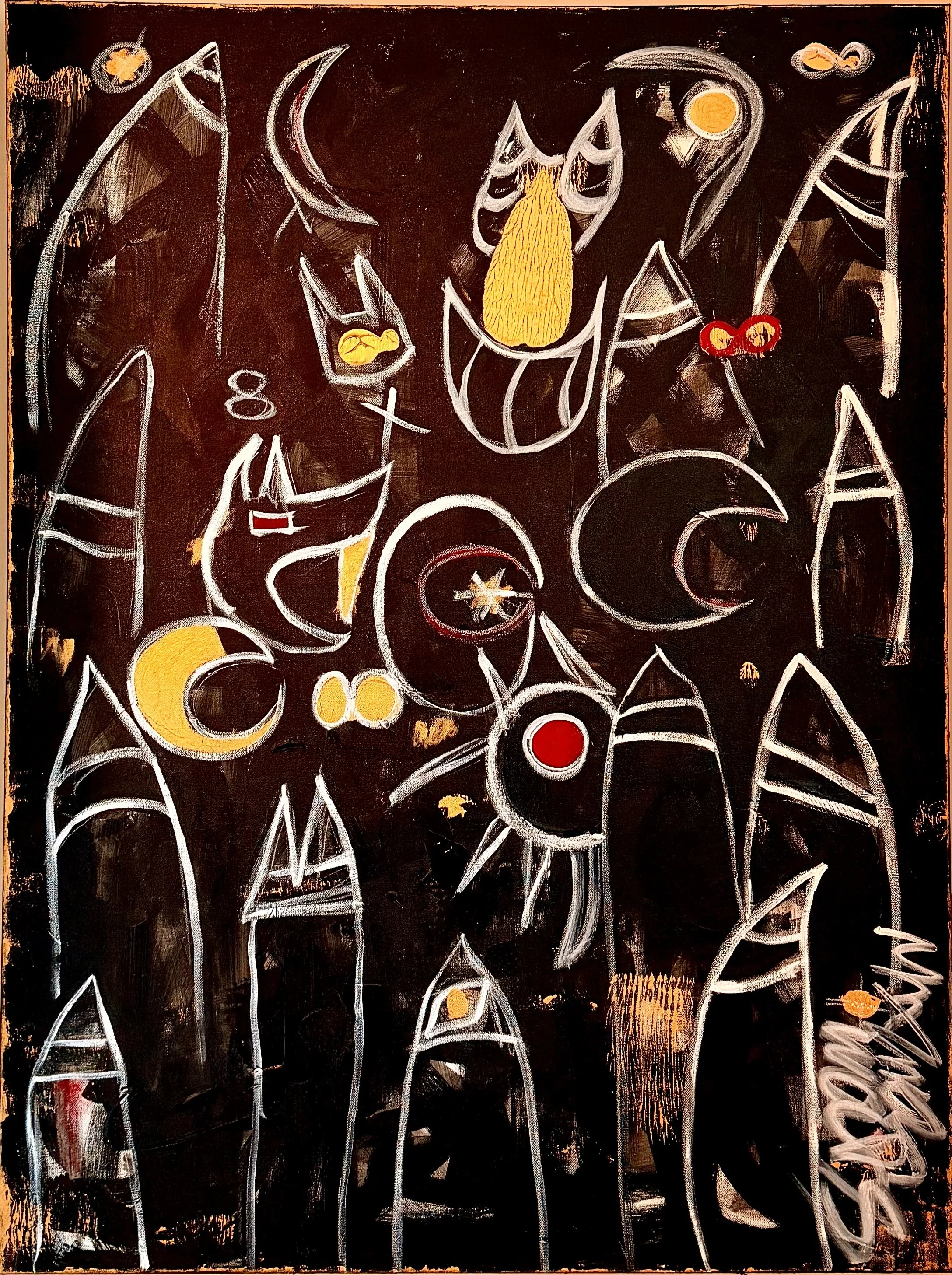 Abstract artwork with black background, white lines forming various shapes like moons, suns, and stars, with splashes of yellow, red, and orange colors.