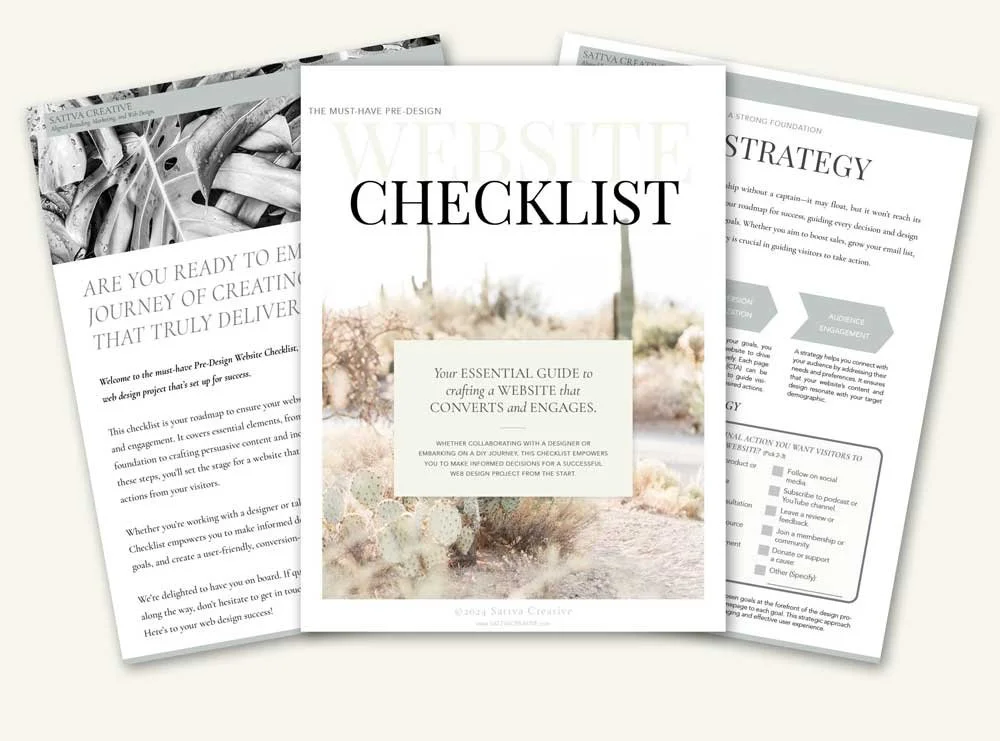 Mockup highlighting the Sattva Creative Pre-Design Website Checklist guide with a visual preview of three pages, offering insights for building a high-converting website.