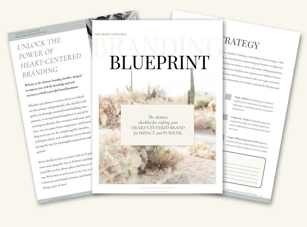 Mockup featuring the Sattva Creative Branding Blueprint Checklist guide with a visual preview of three pages outlining strategies for crafting a heart-centered brand for impact and purpose.