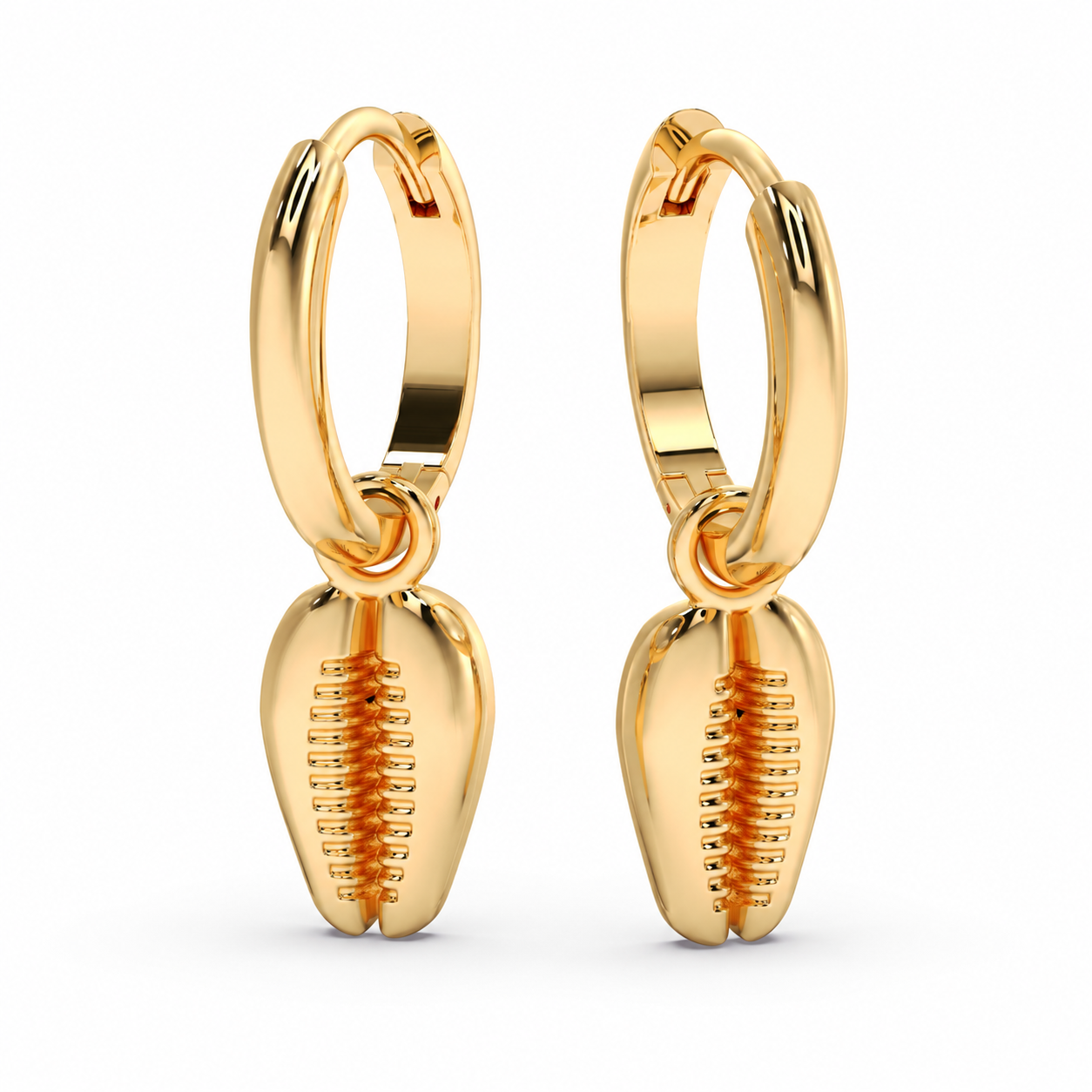 Tide Cowrie Hoops in yellow gold, default front and side views with the closure