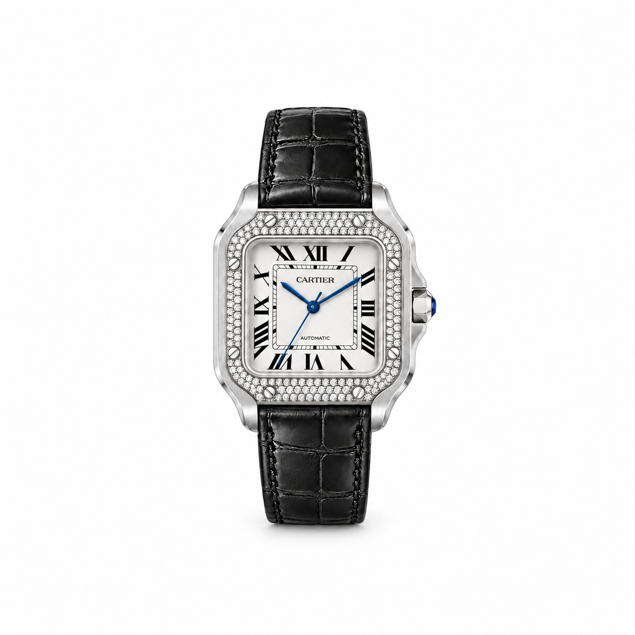 Santos de Cartier pavé bezel watch with black crocodile strap, front view