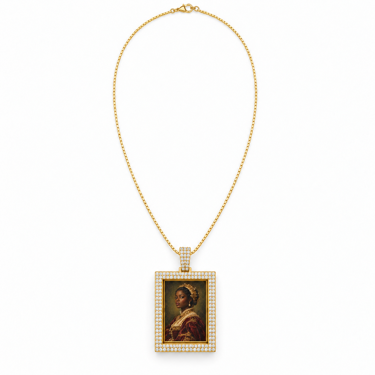 Painted Rectangle Double Row Pavé Picture Pendant on a fine gold chain