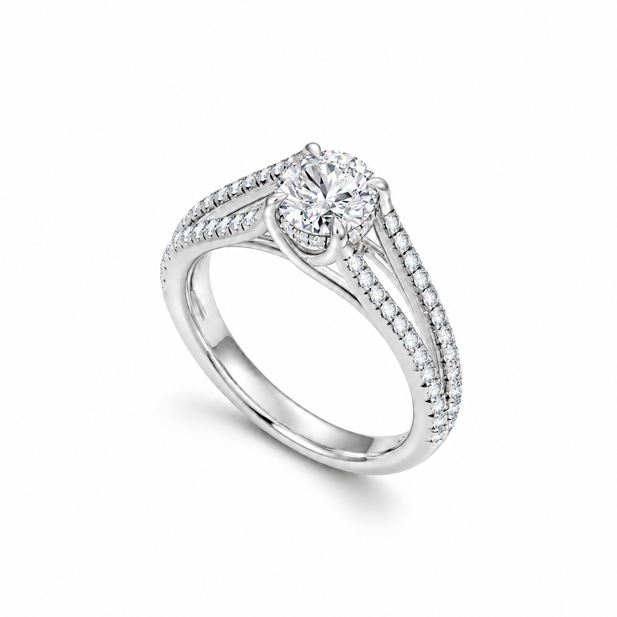 Duet Pavé Ring in white gold, upright three-quarter view.