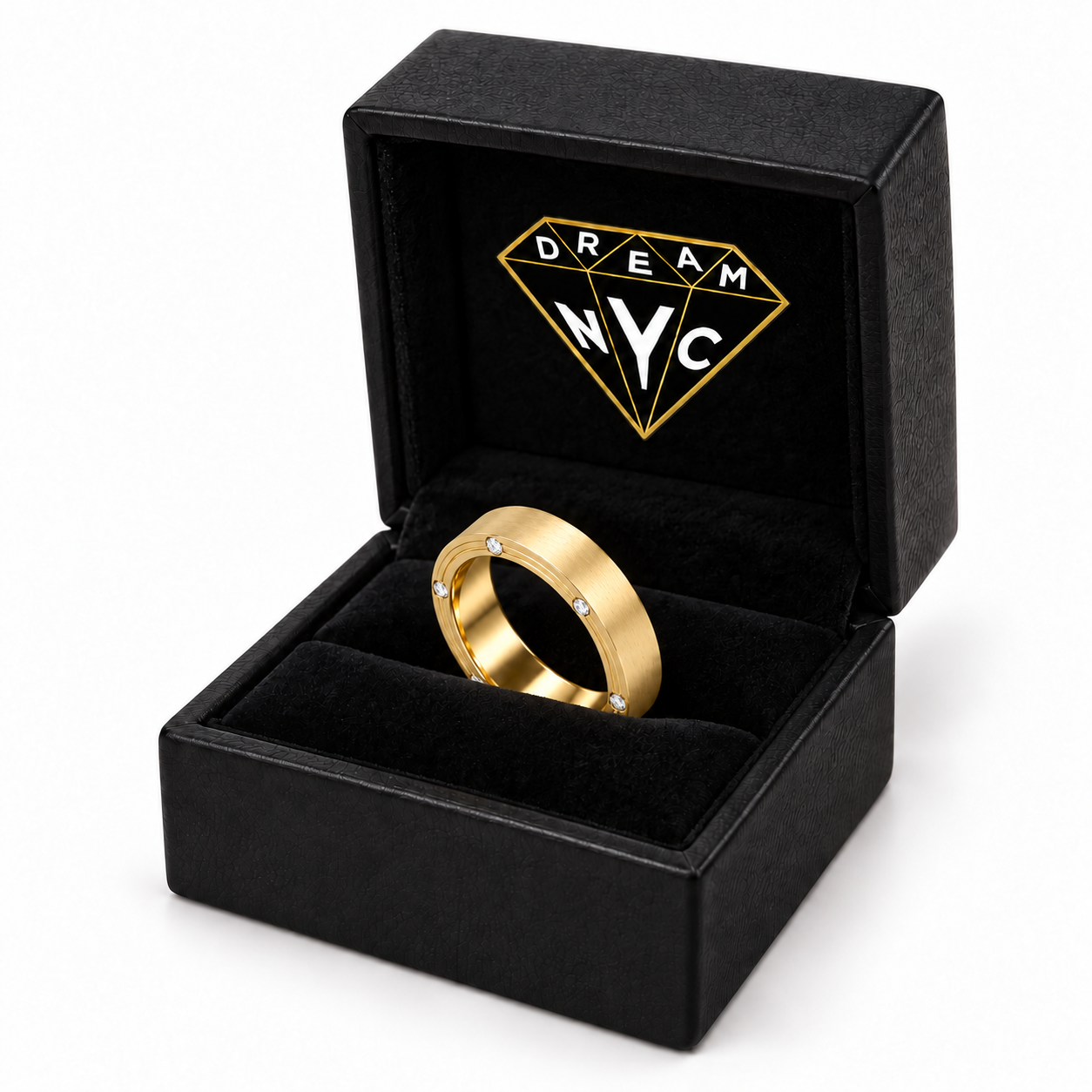 Meridian Diamond Band in yellow gold seated in a black DREAM NYC ring box, packaging concept