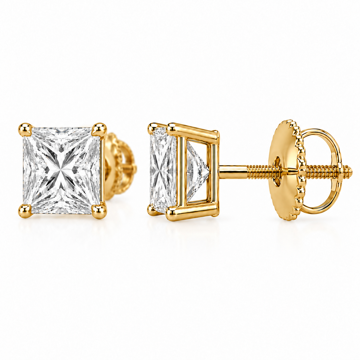 Carré Princess Studs in yellow gold, alternate angle showing the stone face, setting, post and closure