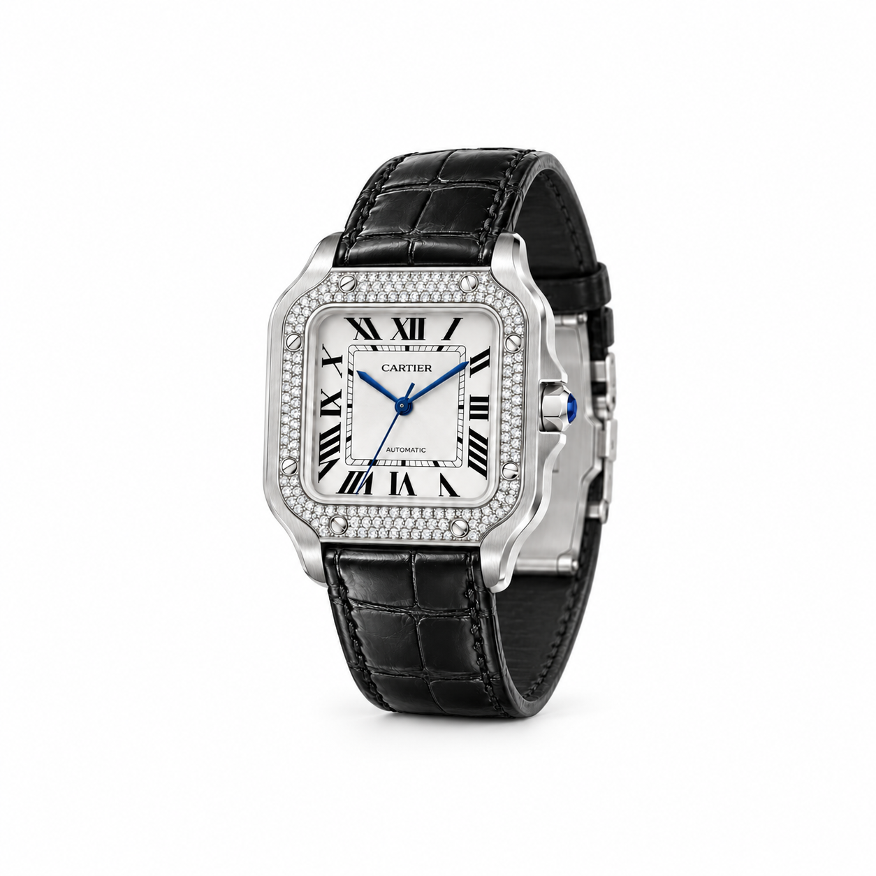 Santos de Cartier Pavé Bezel Watch — Black Crocodile Leather Strap