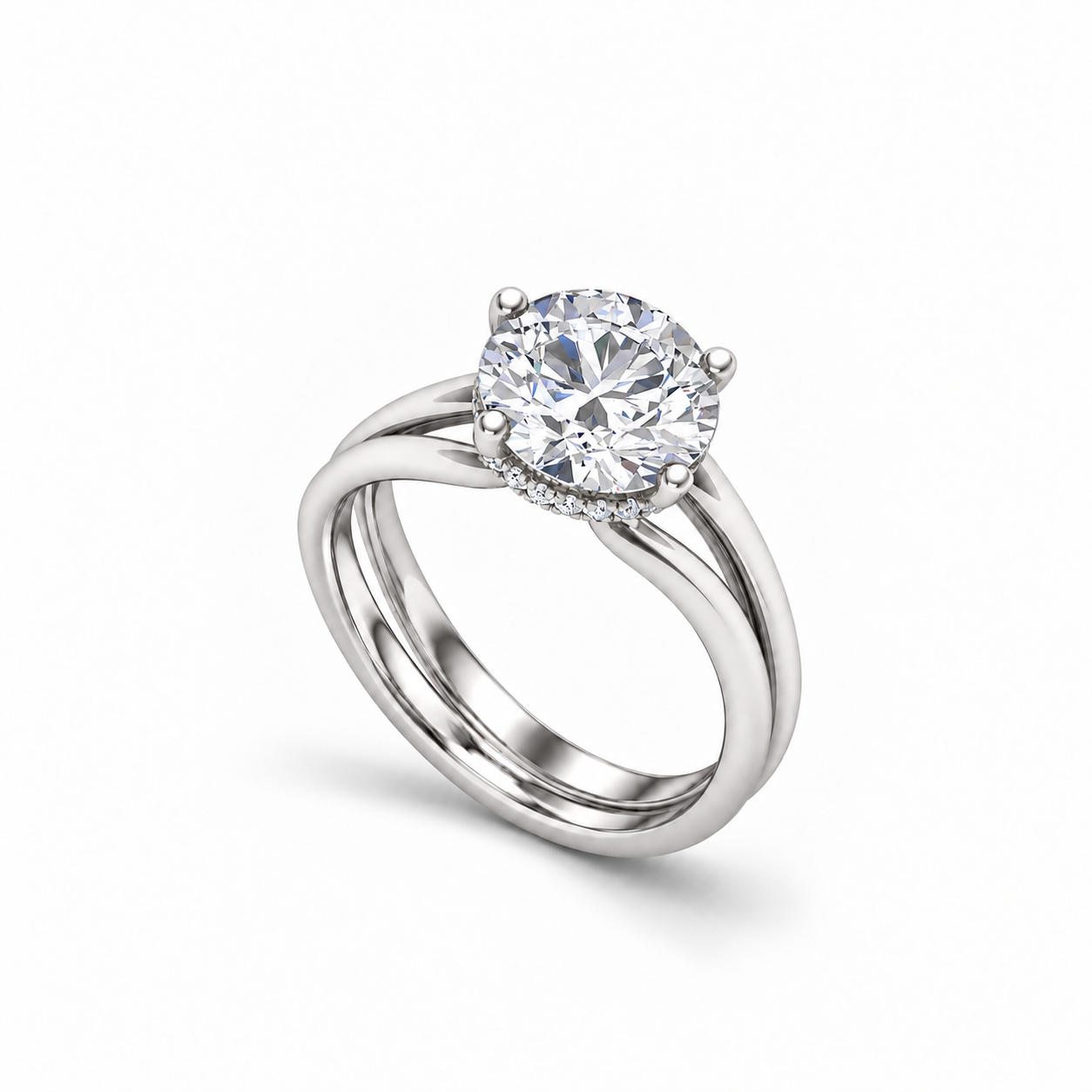Vela Hidden Halo Ring in white gold, upright three-quarter view.