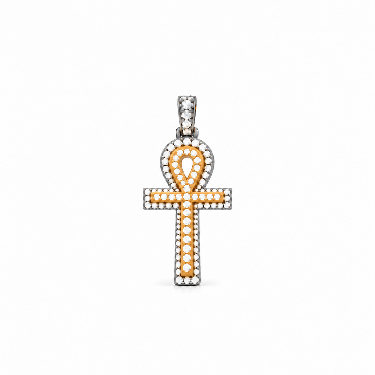 Ankh Double Layer Pendant in two-tone white and yellow gold pavé, front view