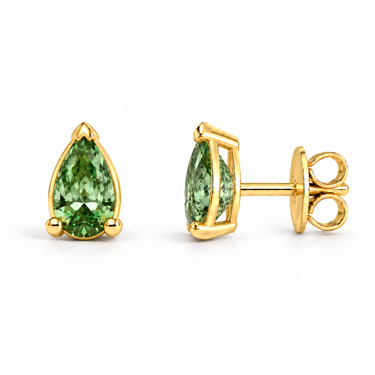 Verdant Goutte pear-shaped green-stone studs in yellow-color metal, shown face-on and in side profile with a push-on butterfly back.
