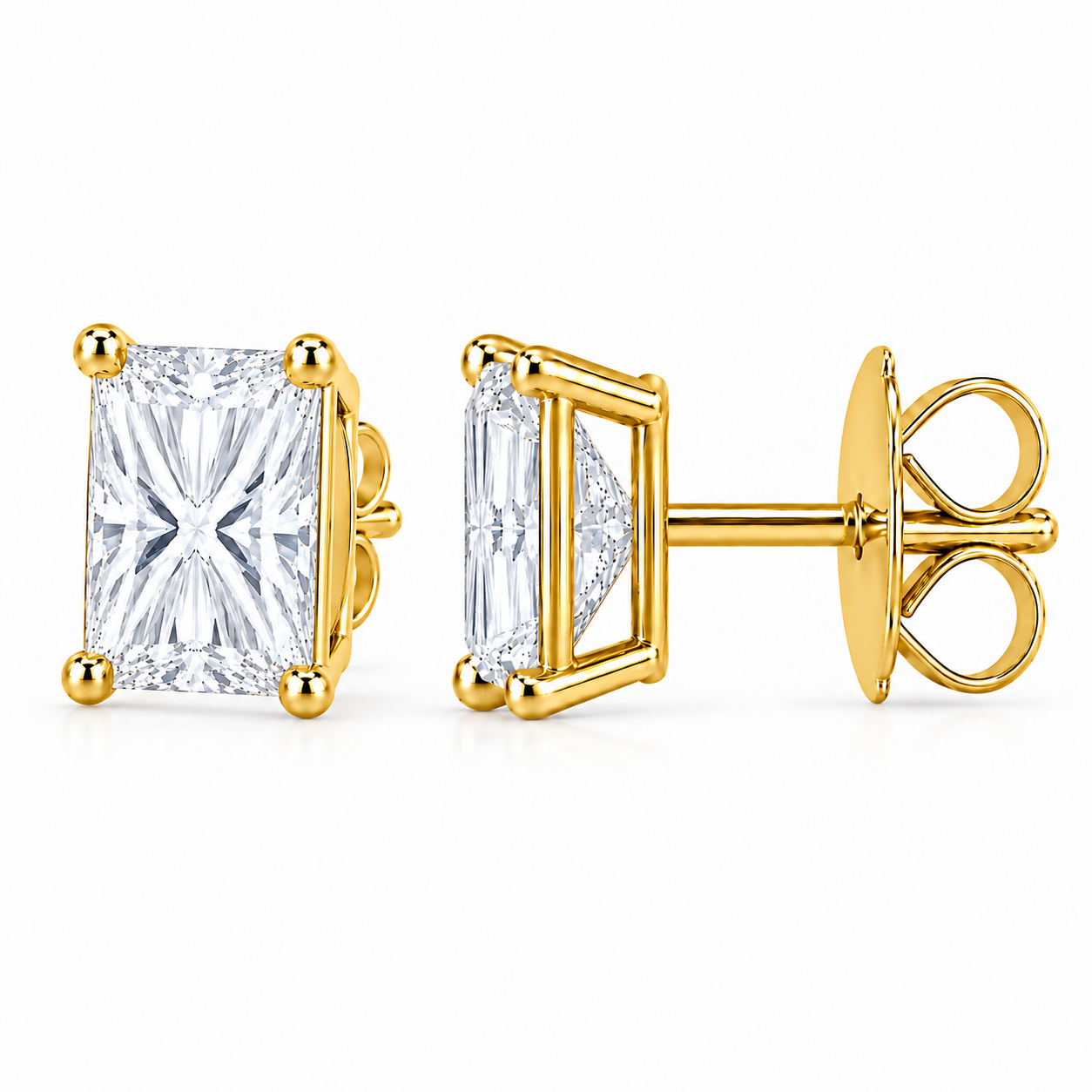 Prism Rectangular Studs in yellow gold, alternate angle showing the stone face, setting, post and closure