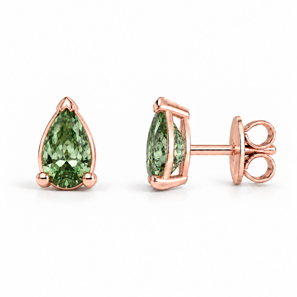 Verdant Goutte pear-shaped green-stone studs in a rose-color metal visualization, shown face-on and in side profile.