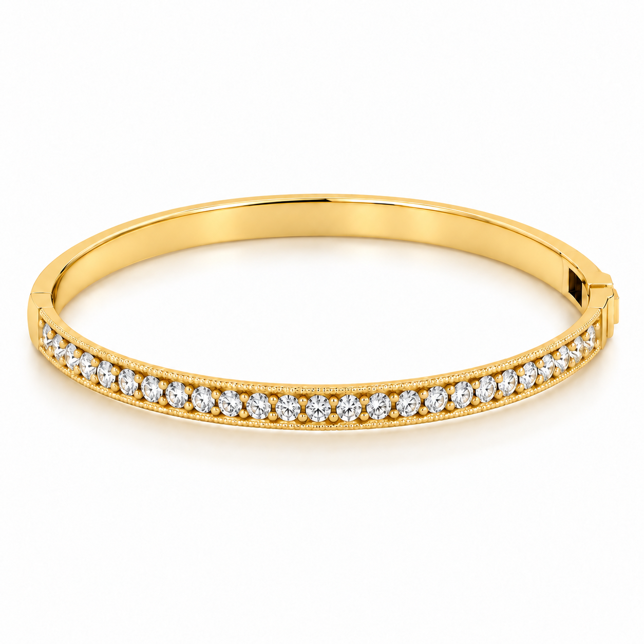 Milgrain Diamond Bangle in yellow gold, viewed from a higher angle.