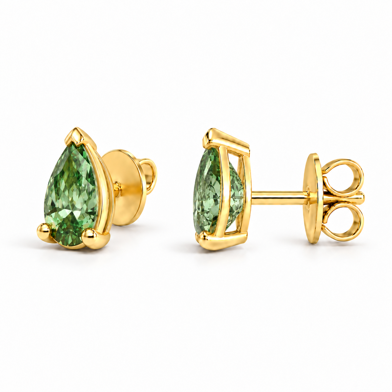 Approved alternate view of Verdant Goutte pear-shaped green-stone studs showing the setting depth, straight posts and butterfly backs.