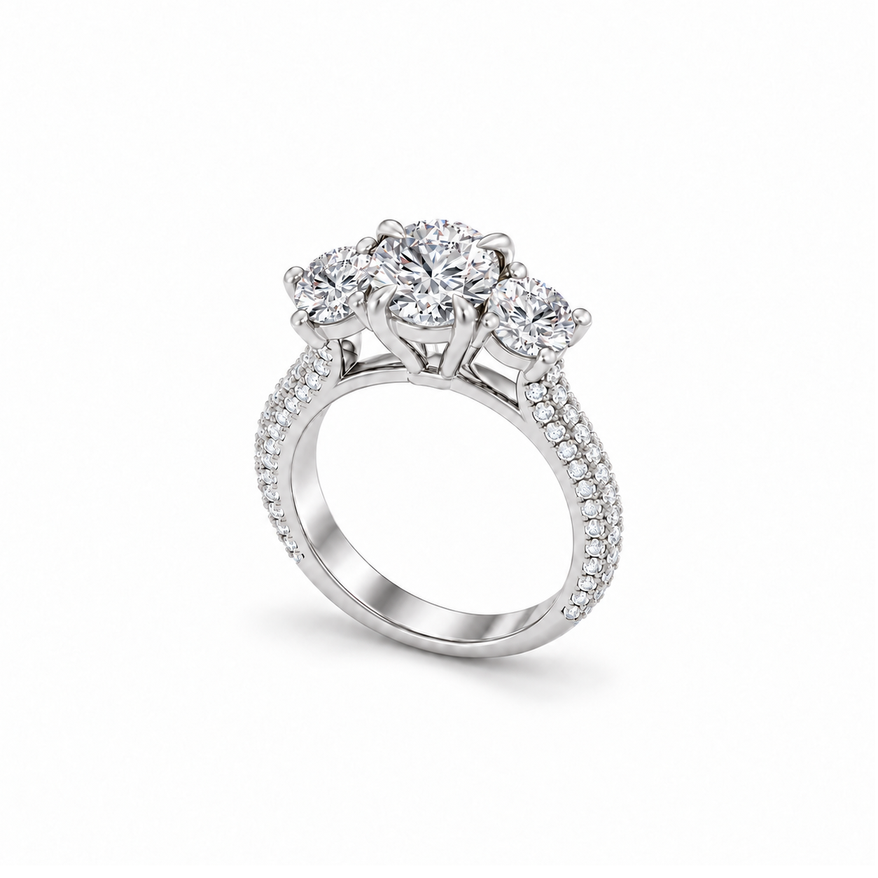 Trilogy Pavé Ring in white gold, upright three-quarter view