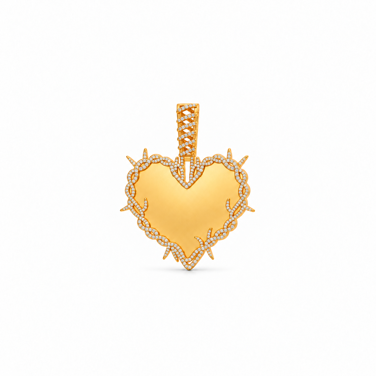Straight-on front view of Rebel Heart Pendant in yellow gold with a plain heart center and stone-set thorn border.
