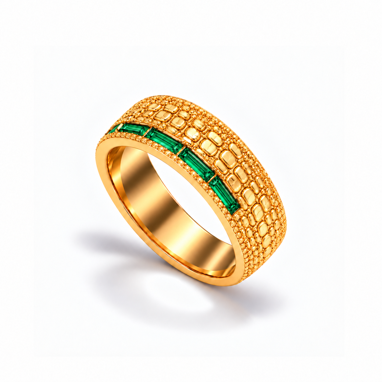 Gator Gold Band in yellow gold with green emerald baguettes, upright three-quarter view