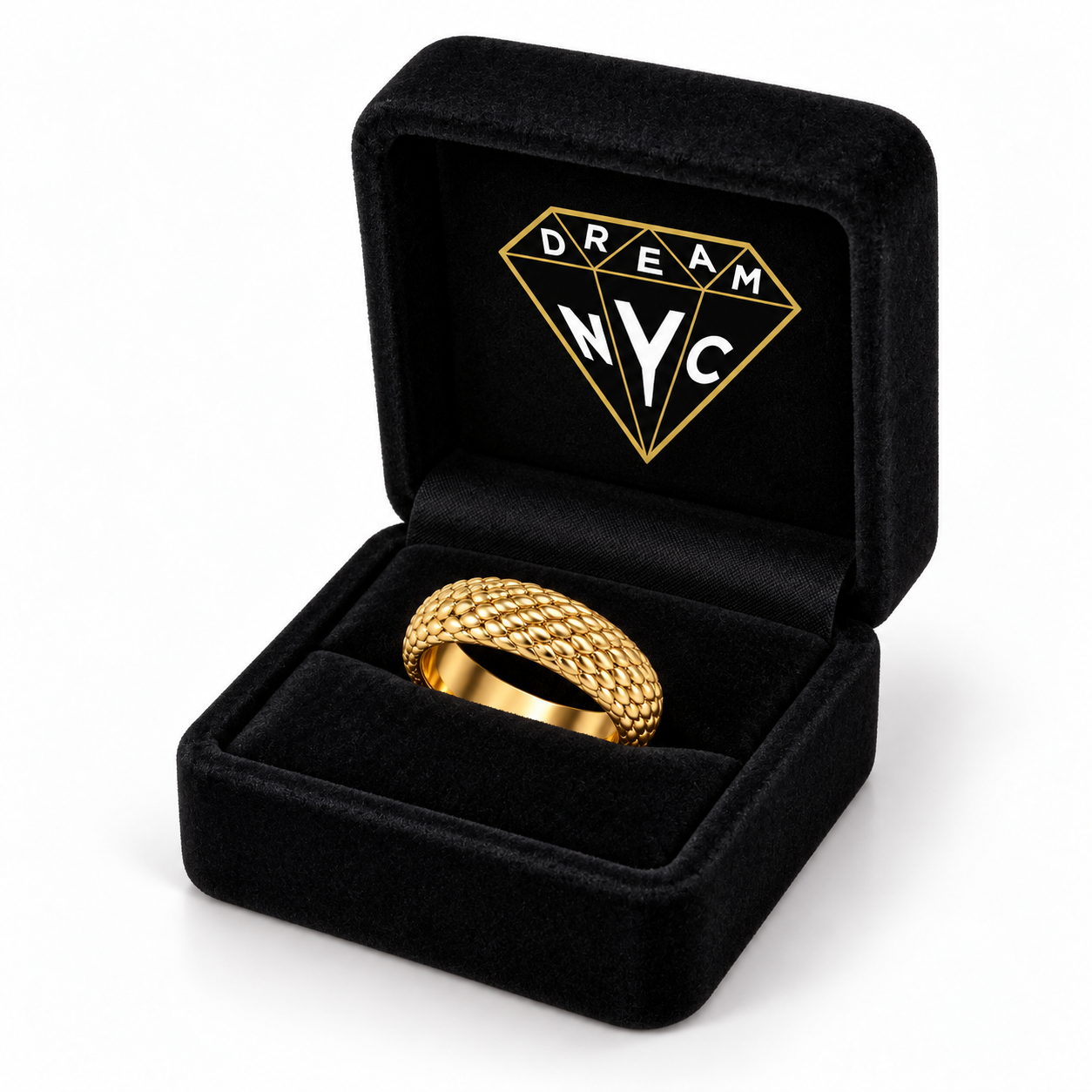 Dragon Scale Band in yellow gold, seated in a black DREAM NYC ring box