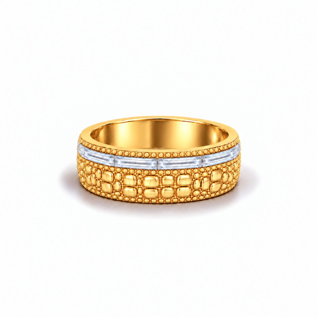 Gator Gold Band in yellow gold with clear baguette stones, flat view