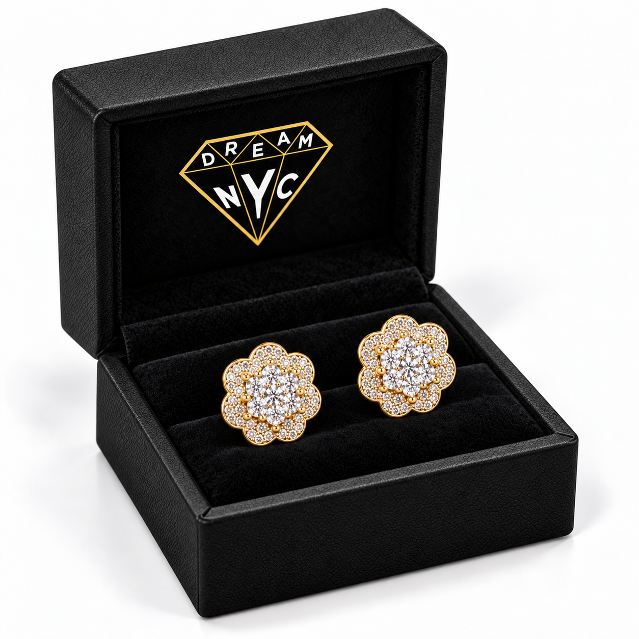 One Row Flower Cluster Earrings in a black DREAM NYC gift box