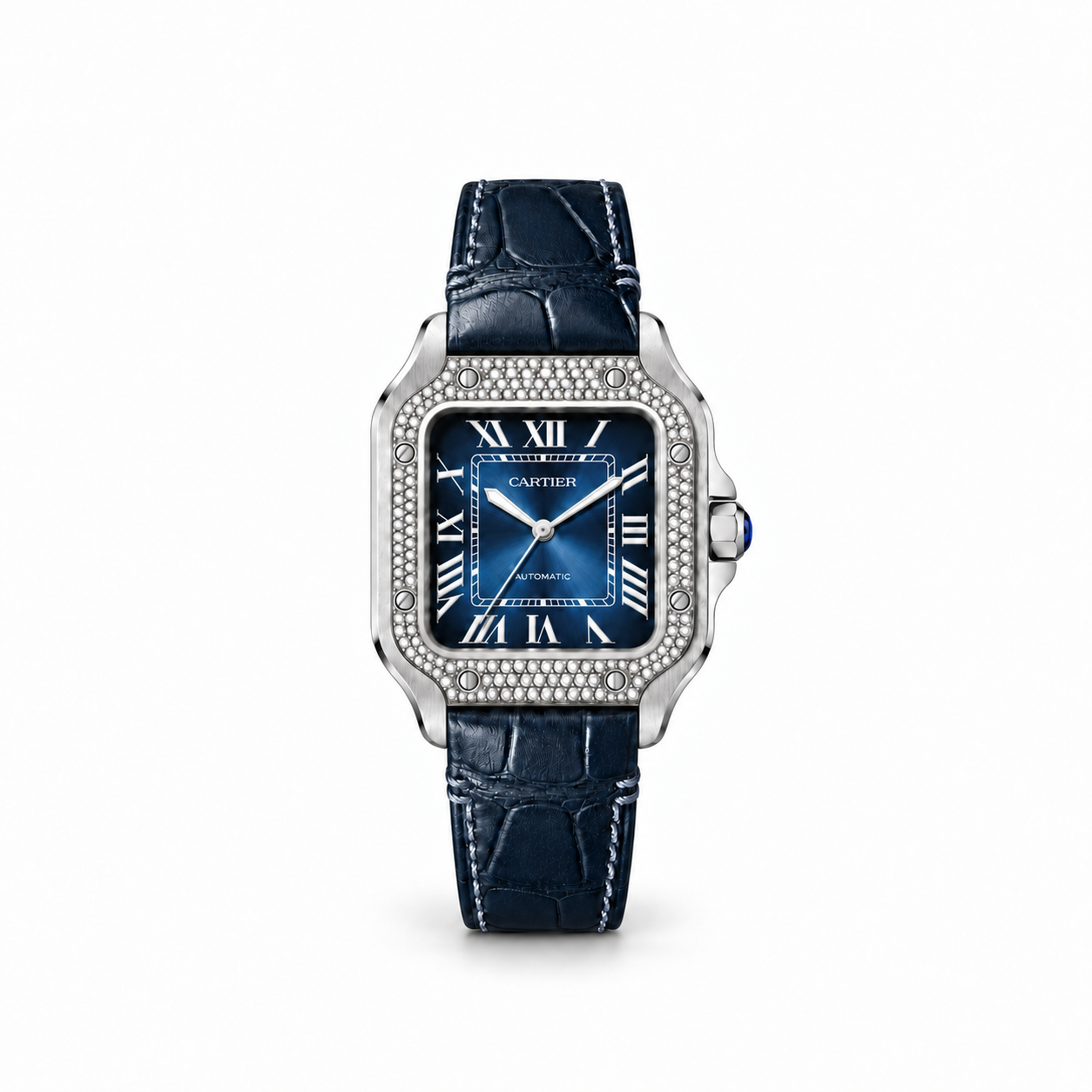 Santos de Cartier pavé Azul watch on a navy leather strap, front view