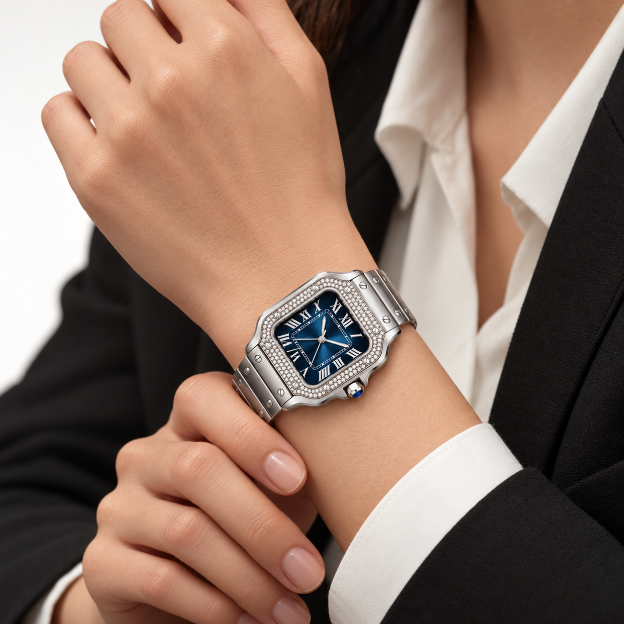 Man wearing the Santos de Cartier pavé Azul watch