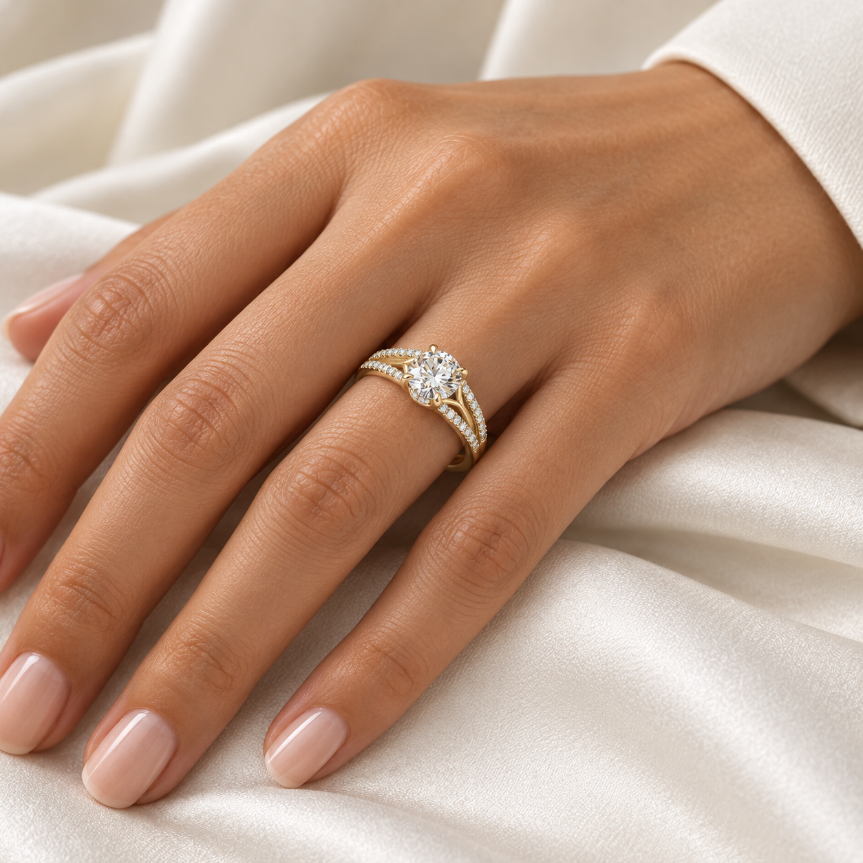 Duet Pavé Ring in yellow gold worn on a hand, styling concept.